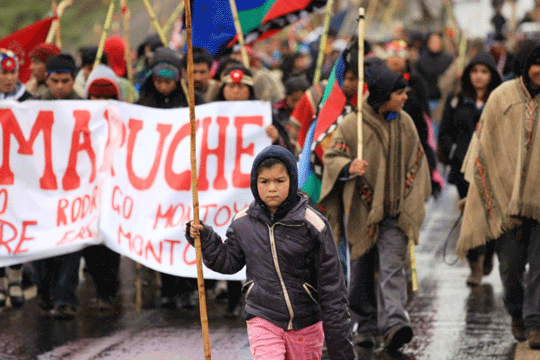 Mapuche protest with a young child in the foreground