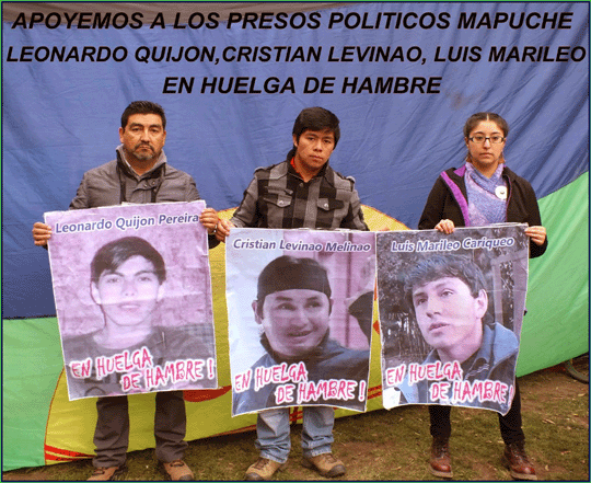 three people, standing in front of a Mapuche flag, showing their support for the hunger strikers with posters of the three