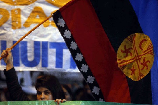 A woman holds a Mapuche flag during a peaceful demonstration in Santiago on May 9 in support of three Mapuche political prisoners, who had been on a hunger strike for the previous month