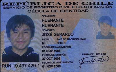 Cedula de Identidad de Jose Huenante